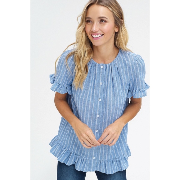 ♡ SOLD OUT! ♡ Blue Striped Button Down Ruffle Top - Picture 2 of 8